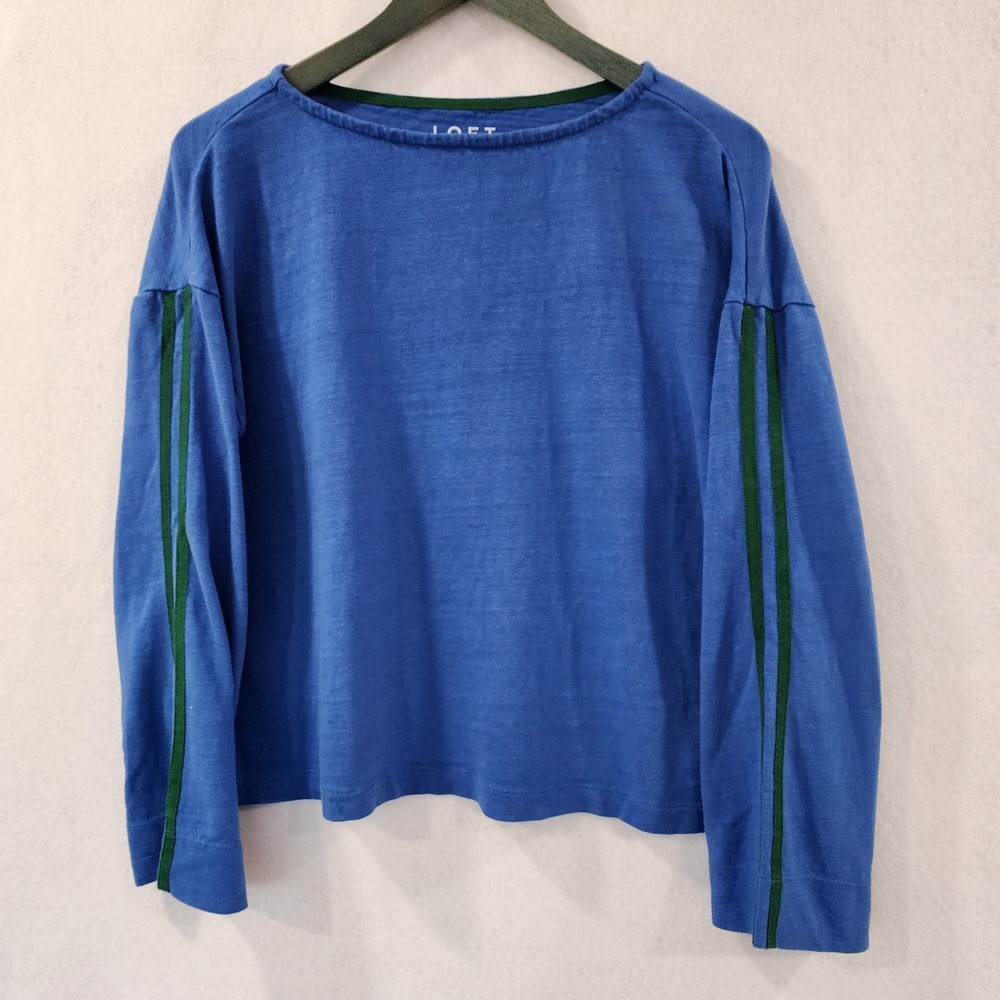 LOFT Womens Blue Cotton Slub Knit Boat Neck Top M Green Sleeve Striped